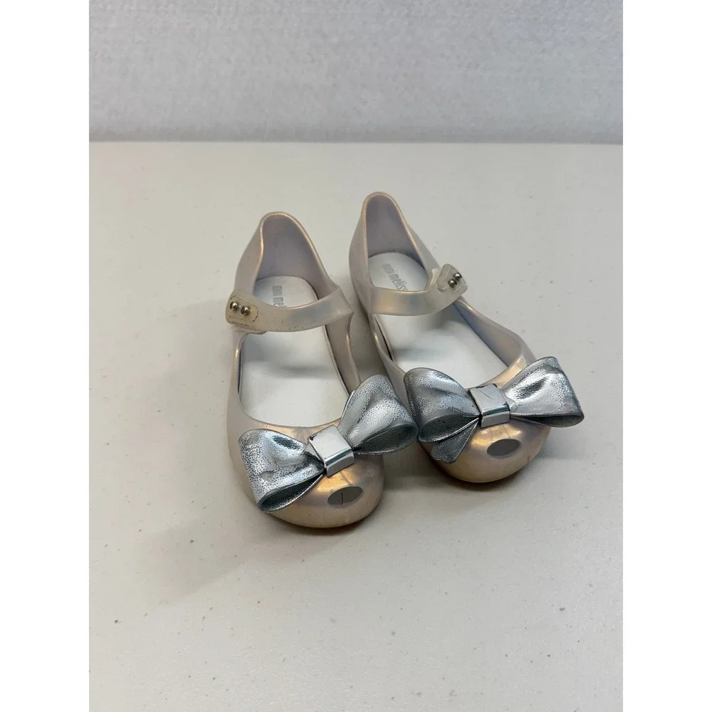 Mini Melissa Kids Ultragirl Sweet Pearlescent Silver Bow Mary Jane Flats Size 10